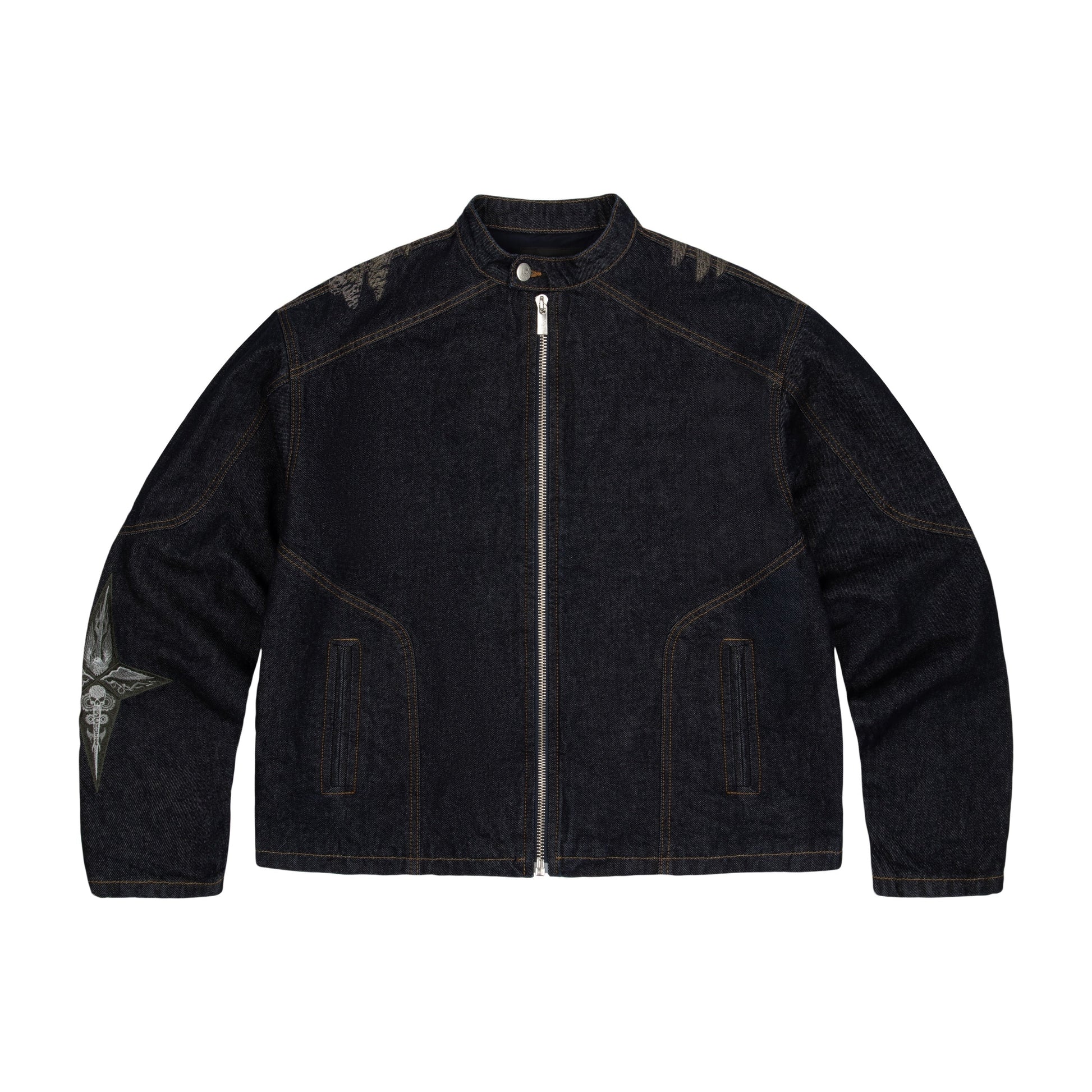 "hellboy" indigo raw denim Biker jacket